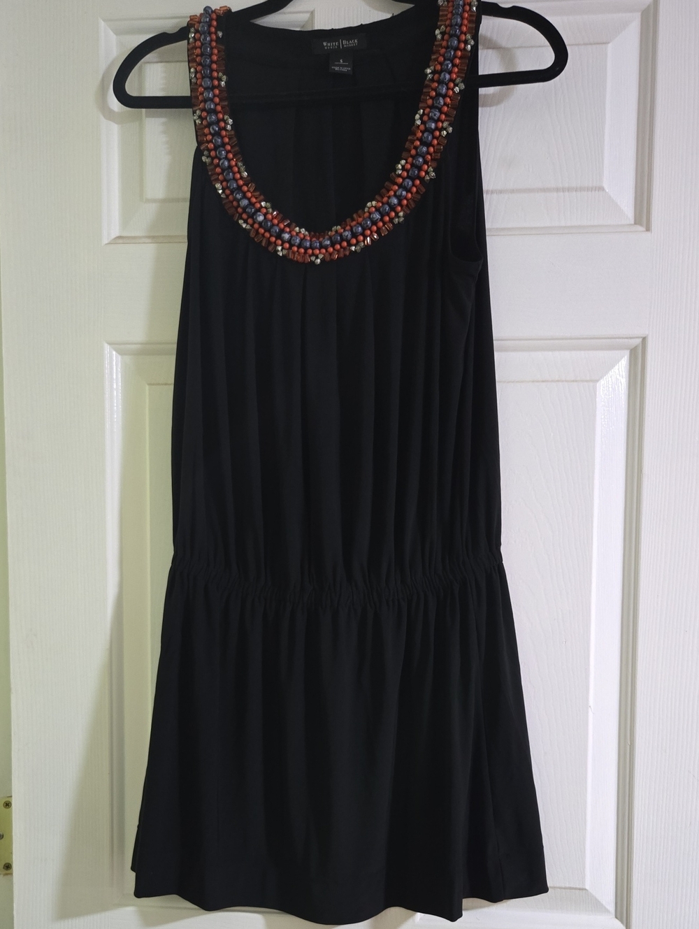 White House Black Market Black Sleeveless Tunic with Beaded Multicolor Neck